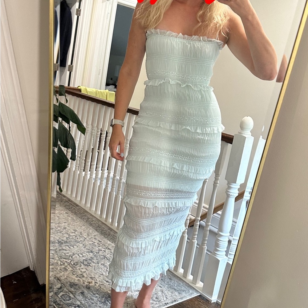 Commense Strapless Ruffle Midi Dress in Pale Mint